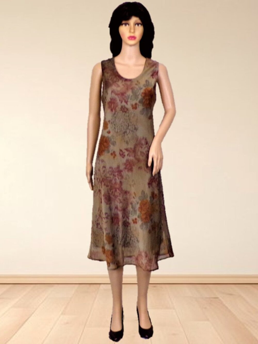 K STUDIO size 10 green/burgundy/orange sleeveless fit/flare dress 100% polyester